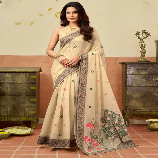 Beige Chanderi Woven Saree