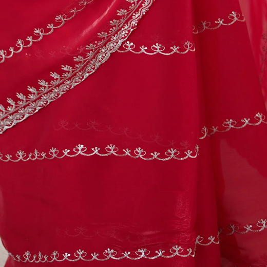 Red Tissue Silk Sequence Embroidery Saree - Image 3