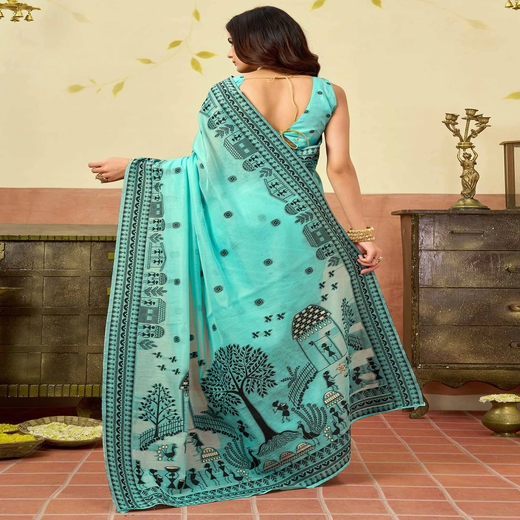 Turquoise Chanderi Woven Saree - Image 4