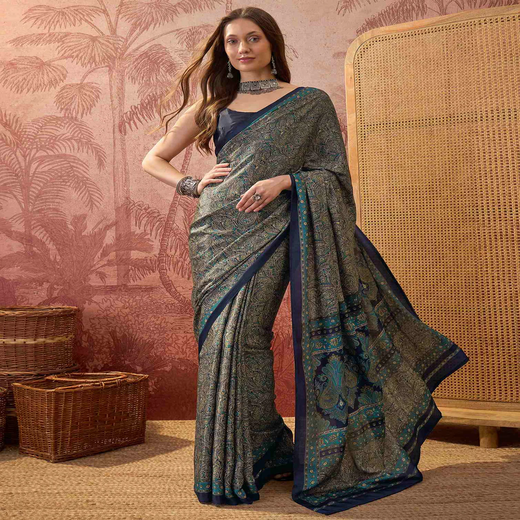 Navy Blue Crepe Silk Printed Saree