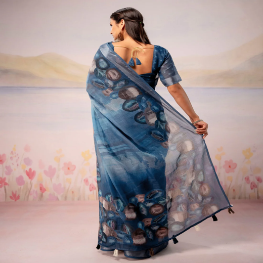 Dusty Blue Linen Printed Zari Border Saree - Image 4