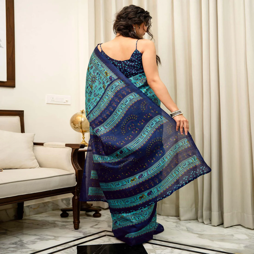 Turquoise Khadi Printed Saree - Image 4