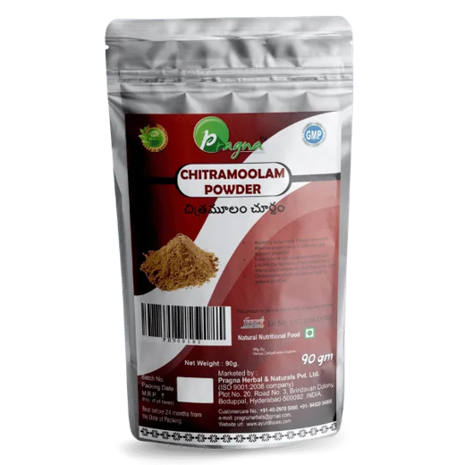 Pragna Chitramool powder is 1005 pure and natural. Antioxidant properties of Chitramool Powder may help in stomach related ailments like indigestion, nausea, abdominal cramps etc.