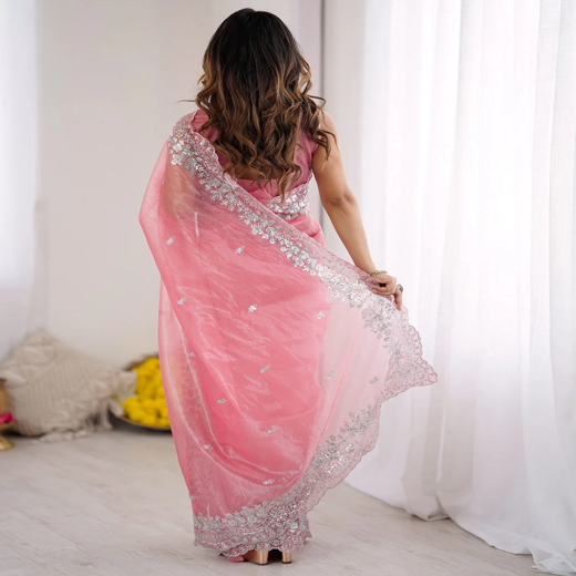 Rose Pink Net Sequence Embroidery Saree - Image 4