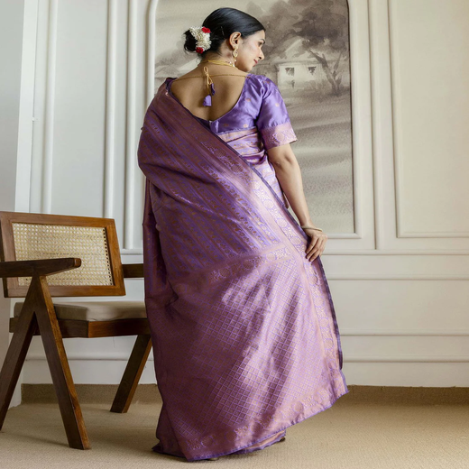 Dark Lavender Silk Woven Banarasi Saree - Image 4