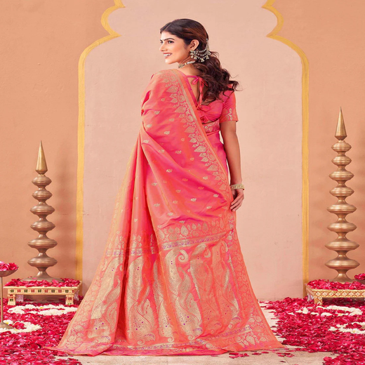 Orange Silk Woven Banarasi Saree - Image 4