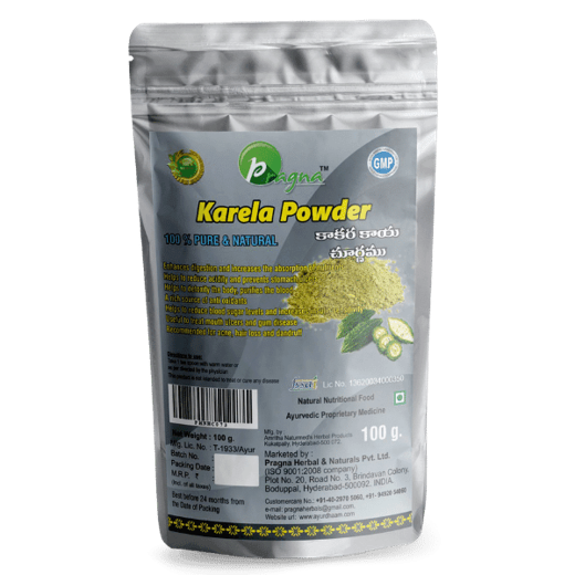 Pragna Karela Powder is 100% pure and natural. It is useful in treating various skin infections like ringworm, psoriasis, and itching. Karela juice adds lustre to the hair and combats dandruff, hair loss, and split-ends.