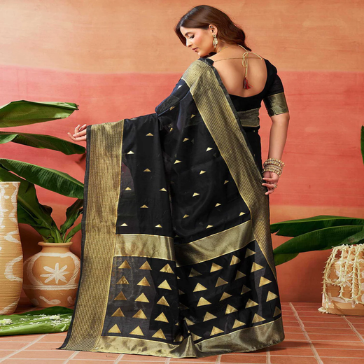 Black Silk Woven Banarasi Saree - Image 4