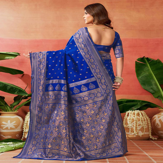 Dark Blue Silk Woven Banarasi Saree - Image 4