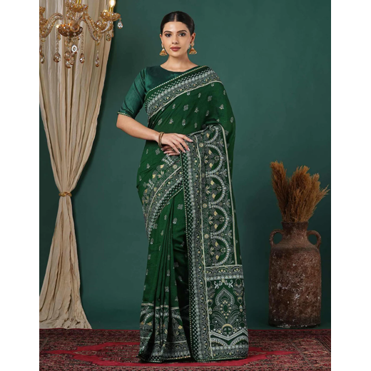 Bottle Green Silk Printed Saree