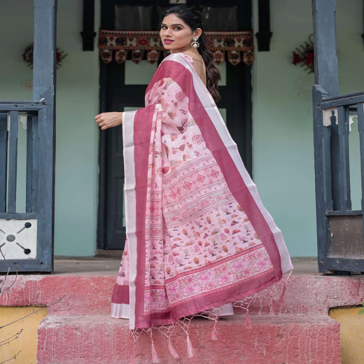 Light Rose Pink Linen Printed Saree - Image 4