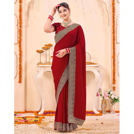 Red Silk Embroidery Embellished Saree