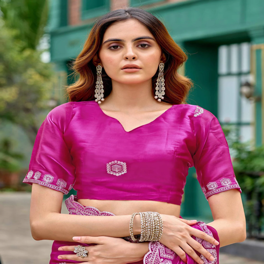 Rani Pink Tissue Silk Sequence Embroidery Saree - Image 2