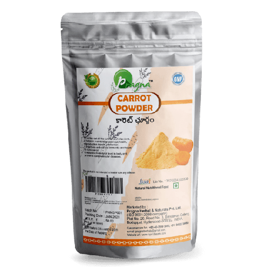 Pragna Carrot powder is 100% pure and natural. Carrot powder has potent antioxidant properties with high content of beta-carotene, Vitamins ( Vitamin A, Vitamin C, VItamin K and Vitamin B6 ) & Minerals (Zinc, Manganese, Magnesium, Potassium and Calcium), helps Protect Cells, Proteins & Enzymes from Environmental Stress.