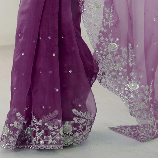Wine Organza Embroidery Lace Saree - Image 3