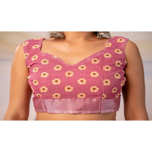 Light Pink Linen Printed Zari Border Saree - Image 2