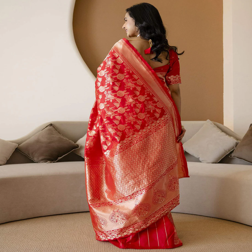 Red Silk Woven Banarasi Saree - Image 4