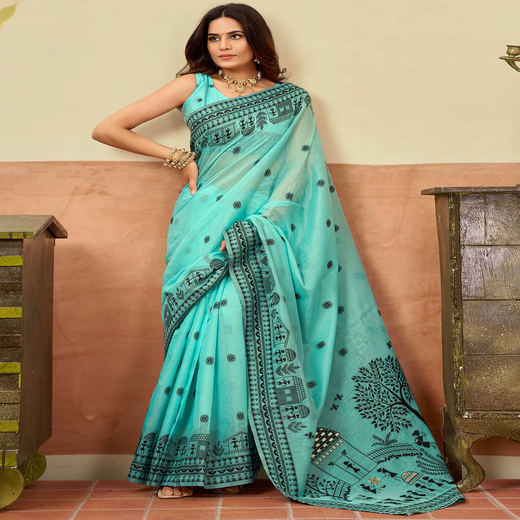 Turquoise Chanderi Woven Saree