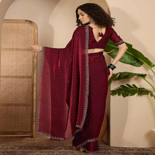 Maroon Shimmer Tissue Stone Work Swarovski saree - Image 4