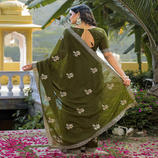 Mahendi Green Shimmer Embroidery Saree - Image 4